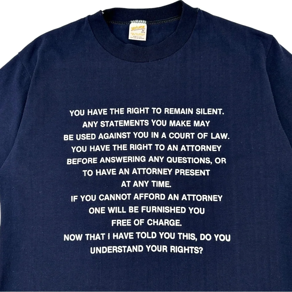 RARE Single Stitch Vintage Navy Blue Miranda Rights Collector’s T-Shirt Tee - Picture 3 of 8